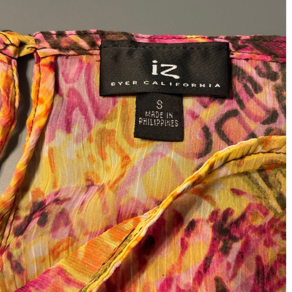IZ Byer California Ruffle Animal Print Blouse Pink Yellow Sleeveless Small - Picture 5 of 9